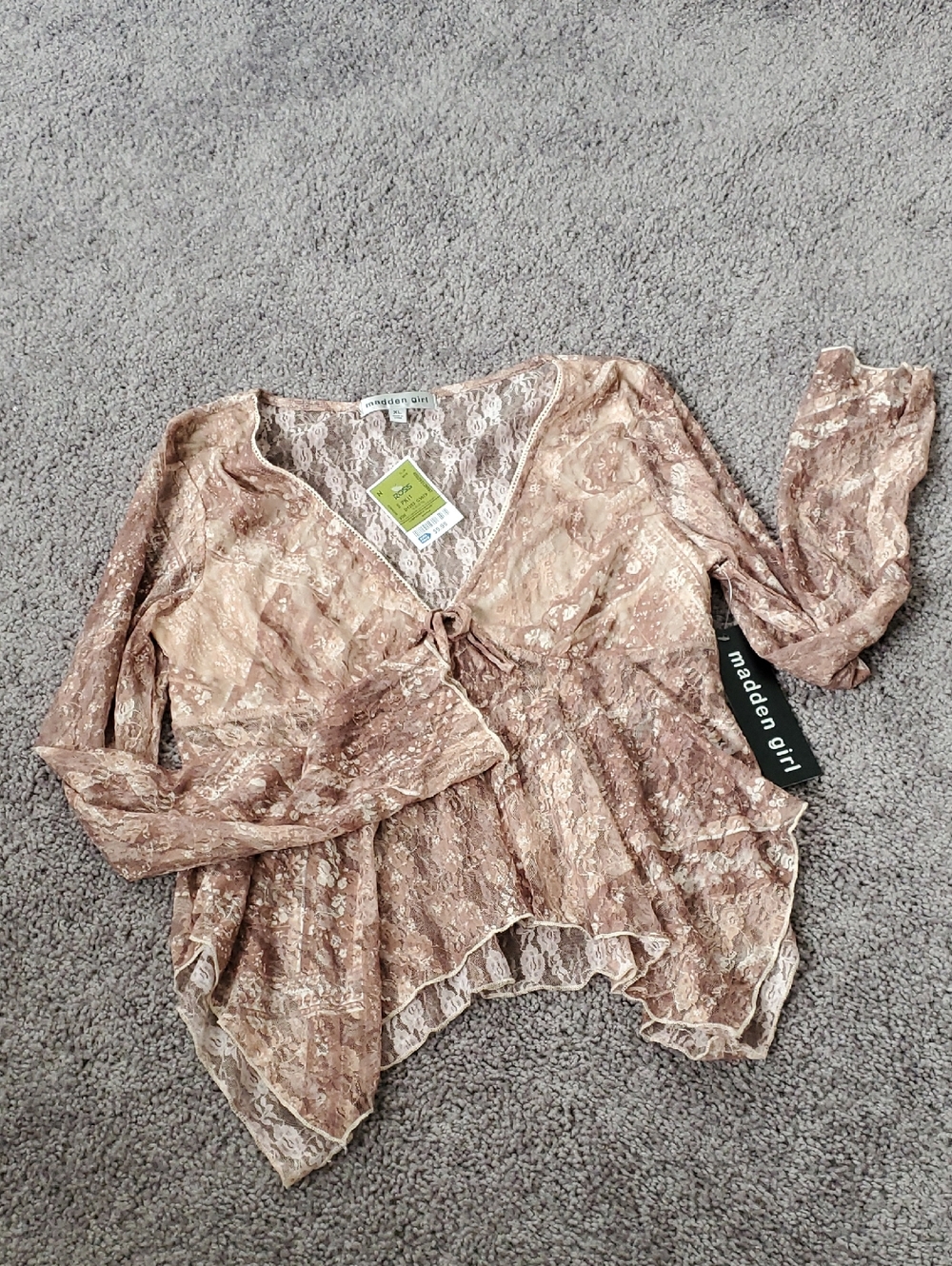 Madden Girl Lace Peplum Blouse - Taupe & Cream